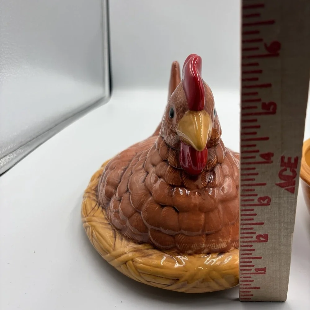 Vtg Ceramic Chicken Hen on Nest Trinket Candy Dish‎ Lid MCM Cottage Core Granny